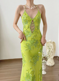 Vintage Halter Green Beaded Chiffon Open Back Long Prom Dress Formal Dress HZ1023