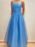 Vintage A Line Spaghetti Strap Beaded Blue Tulle Satin Prom Dress Evening Dress HZ1023