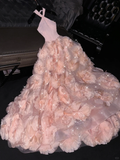 Gentle A Line Halter Pink 3D Flower Tulle Long Prom Dress Graduation Prom Dress HZ1023