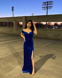 Royal Blue Off The Shoulder Slit Velvet Mermaid Prom Dress HZ1023