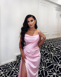 Pink A Line Strapless Corset Satin Long Prom Dress Evening Dress with Slit HZ1023