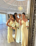 Simple Sheath Spaghetti Strap Light Yellow Satin Long Bridesmaid Dress Evening Dress HZ1023