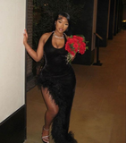 Black Halter Slit Feathers Prom Dress Long Evening Dress HZ1023