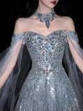 Shiny Exquisite Beaded A Line Off the Shoulder Grey Tulle Long Evening Dress Ball Gown HZ1023