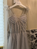 Grey A Line Spaghetti Strap Beaded Corset Tulle Prom Dress Evening Dress HZ1023