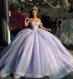 Purple Off the Shoulder Corset Appliques Tulle Ball Gown Sweet 16 Dress Quinceanera Dress HZ1023