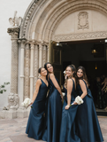 Navy Blue Mermaid V Neck Satin Long Bridesmaid Dress Evening Dress with Bow HZ1023