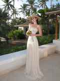 Romantic A Line Strapless White Sequin Chiffon Long Party Dress Evening Dress HZ1023