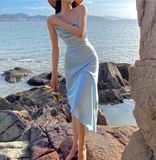 Simple Blue Sheath Spaghetti Strap Satin Open Back Prom Dress Party Dress HZ1023