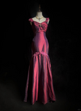 Retro Burgundy Mermaid Straps Appliques Satin Prom Dress Evening Dress HZ1023