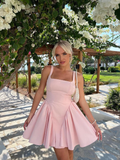 Pink A Line Straps Satin Short Homecoming Dress Cocktail Dress with Bow HZ1023