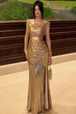 Shiny Mermaid Gold Sequin Long Prom Dress Cocktail Dress with Slit HZ1023