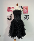Cute A Line Spaghetti Strap Beaded Ruffle Black Tulle Short Homecoming Dress HZ1023