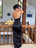 Charming Sheath Strapless Black Satin Long Prom Dress Evening Dress HZ1023