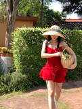 Bright Red A Line Spaghetti Strap Ruffle Chiffon Short Homecoming Dress Vacation Dress HZ1023