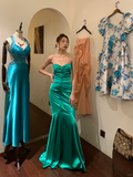 Vintage Mermaid Sweetheart Neck Pleated Green Satin Long Party Dress Cocktail Dress HZ1023