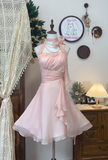 Gentle A Line Halter Pink Chiffon Short Homecoming Dress Cocktail Dress HZ1023
