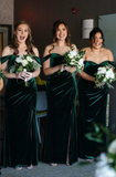 Charming Mermaid Off the Shoulder Green Velvet Long Party Dress Bridesmaid Dress with Slit HZ1023