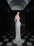 Shiny Mermaid Off the Shoulder Silver Sequin Long Evening Dress Ball Gown HZ1023