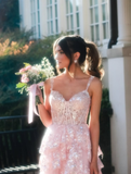 Elegant A Line Off the Shoulder Tiered Sequin Light Pink Tulle Prom Dress Evening Dress HZ1023