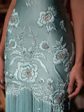 Unique Sheath Strapless Embroidered Flower Sage Green Satin Party Dress Evening Dress HZ1023