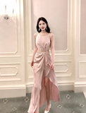 Light Pink A Line Straps Rhinestone Satin Prom Dress Evening Dress Formal Dress with Slit HZ1023