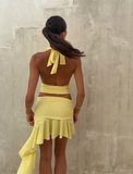 Yellow Two Piece A Line Halter Satin Open Back Short Homecoming Dress Cocktail Dress HZ1023