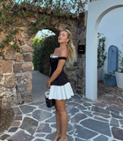 Cute A Line Off the Shoulder Black White Satin Short Homecoming Dress Birthday Dress HZ1023