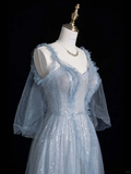 Shiny A Line Spaghetti Strap Blue Tulle Silver Sequin Long Evening Dresses Party Dresses HZ1023