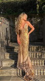 Unique Mermaid Golden Sequin Long Sweep Open Back Prom Dress Evening Dress HZ1023