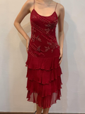Burgundy Vintage A Line Spaghetti Strap Tiered Beaded Chiffon Evening Dress HZ1023