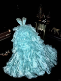 Unique A Line Sweetheart Neck Beaded Layered Blue Organza Prom Dress Party Dress HZ1023