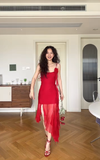 Flowy Red A Line Spaghetti Strap Chiffon Prom Dress Outfits with Slit HZ1023
