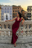 Elegant Sheath V Neck Burgundy Satin Open Back Long Prom Dress Graduation Prom Dress HZ1023
