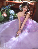 Purple Ball Gown Strapless Corset Floral Tulle Prom Dress 16th Birthday Dress HZ1023