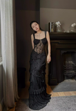 Sexy Black Sheath Straps Lace Chiffon Long Prom Dress Evening Dress HZ1023