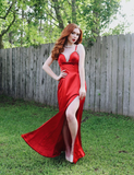 Charming Sheath Spaghetti Strap Rhinestone Red Satin Long Evening Dresses Party Dresses with Slit HZ1023