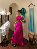 Vintage Mermaid Halter Beaded Sequin Pink Satin Long Open Back Party Dress Cocktail Dress HZ1023