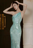 Shiny Blue Sequin One Shoulder Rhinestone Prom Dress Evening Dress Open Back HZ1023