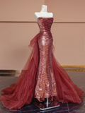 Shiny Mermaid Strapless Red Sequin Tulle Long Prom Dress Party Dress HZ1023