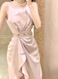 Light Pink A Line Straps Rhinestone Satin Prom Dress Evening Dress Formal Dress with Slit HZ1023