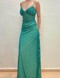Vintage A Line Spaghetti Strap Rhinestone Green Chiffon Prom Dress Evening Dress HZ1023
