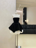 A Line Strapless Flower White Satin Black Velvet Short Homecoming Dress Cocktail Dress HZ1023