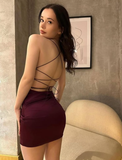 Sexy Burgundy Sheath Spaghetti Strap Satin Short Cocktail Dress Homecoming Dress HZ1023