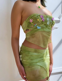 Fairy Two Piece Strapless 3D Floral Green Chiffon Short Party Dress Homecoming Dress HZ1023