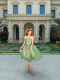 Vintage Ball Gown Strapless Green Plaid Chiffon Party Dress Homecoming Dress HZ1023