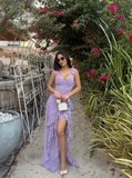 Lilac Flowy Sheath Spaghetti Strap Ruffle Chiffon Prom Dress Party Dress with Slit HZ1023