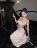 Apricot Gentle Mermaid Off the Shoulder Satin Prom Dress Evening Dress HZ1023