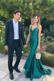 Green Mermaid Satin Long Prom Dress Backless Party Dress HZ1023