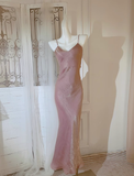 Pink Pretty Mermaid Spaghetti Strap Satin Prom Dress Evening Dress Formal Dress HZ1023